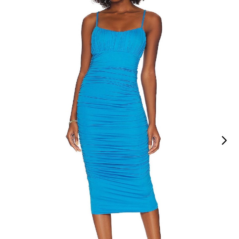 Lovers + Friends Turquoise Blue Ruched Midi Dress